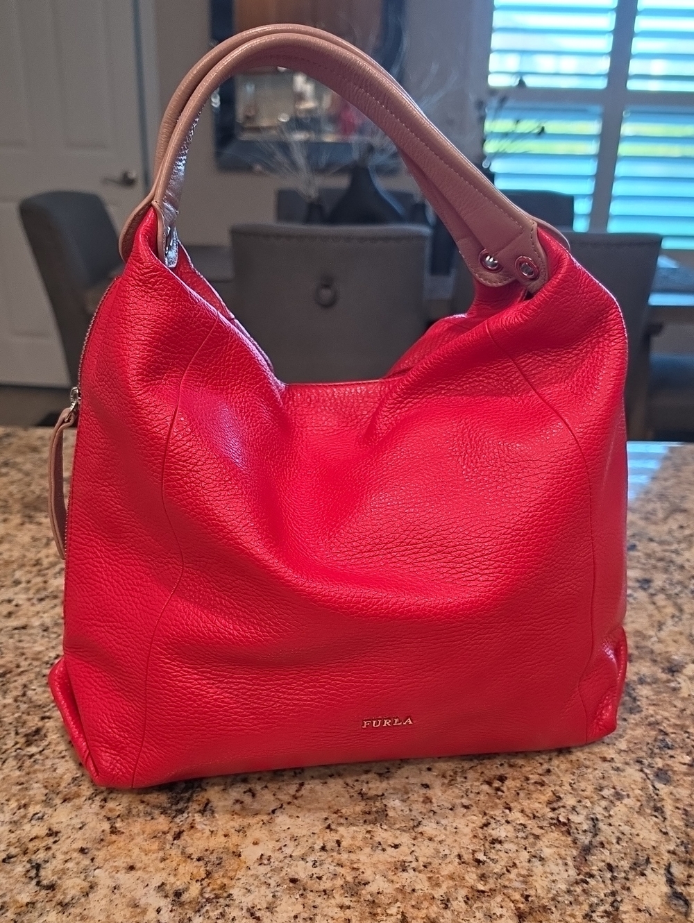 Furla Red Pebbled Leather Shoulder Bag with Tan Handle